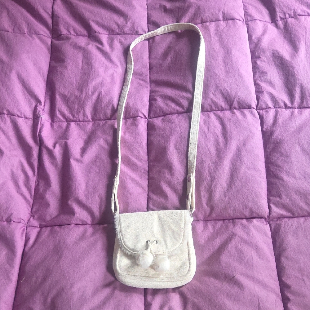 Avon Cream Faux Suede Fur Lined Crossbody Minibag / Belt Bag w Pom Pom Accent